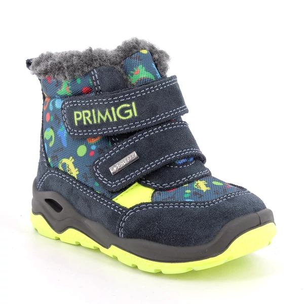 Primigi Gore-tex vízálló bundás bakancs, navy-neonzöld, dinós, 25-29.