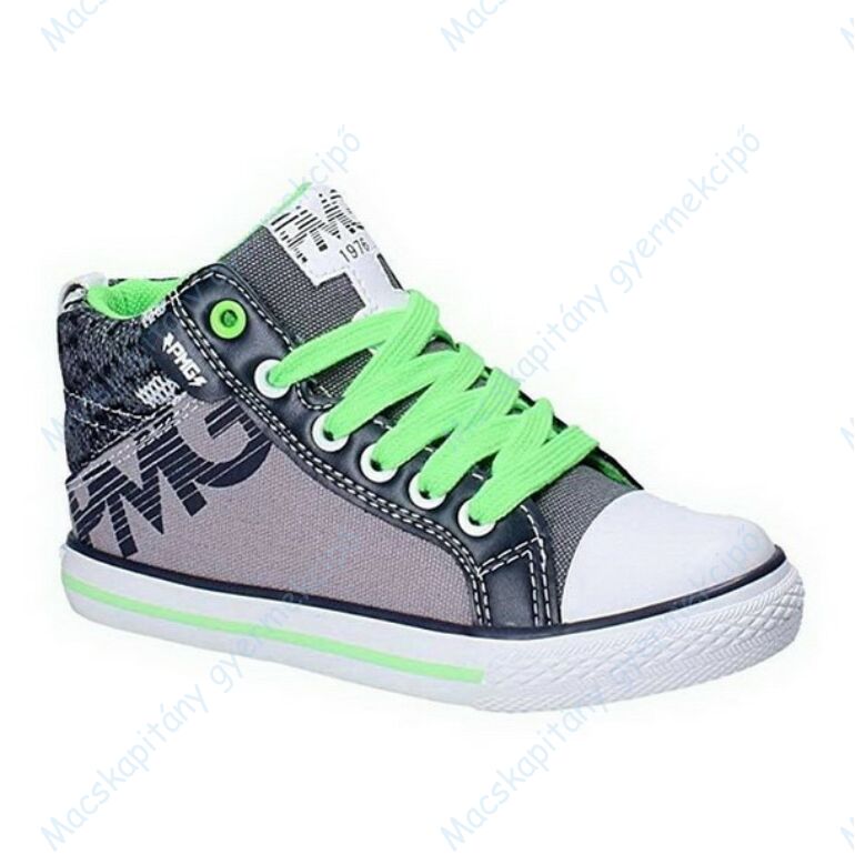 Primigi magasszárú vászon tornacipő bőr lépésbetéttel; szürke-zöld, fehér és zöld cipőfűzővel, 28-37.