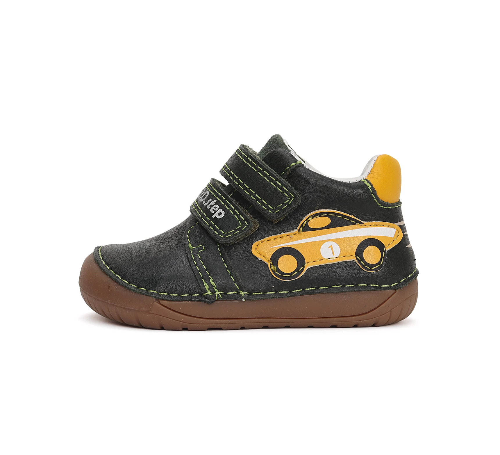 D.D.Step barefoot átmeneti cipő, sötétzöld-sárga, versenyautós, 21.