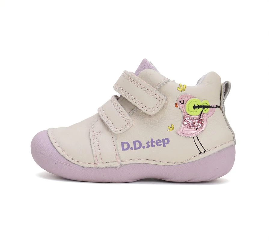 D.D.Step első lépés bőrcipő, krém-lila, madaras, 19-24.